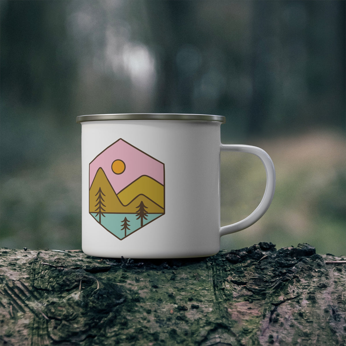 Enamel Camping Mug — Retro Pastel Mountain Lake Design