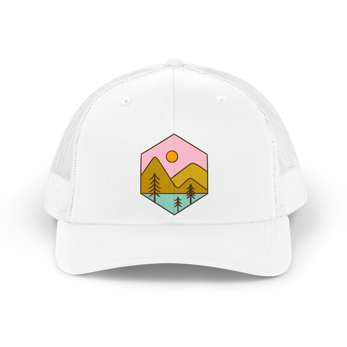 Retro Mountain Trucker Hat – Pastel Sunset Outdoor Patch