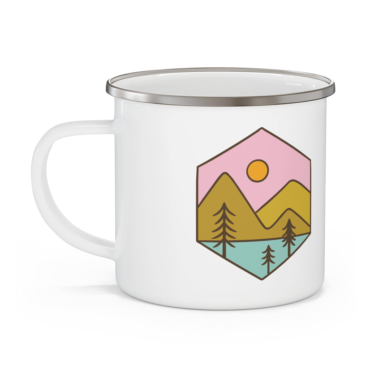 Enamel Camping Mug — Retro Pastel Mountain Lake Design