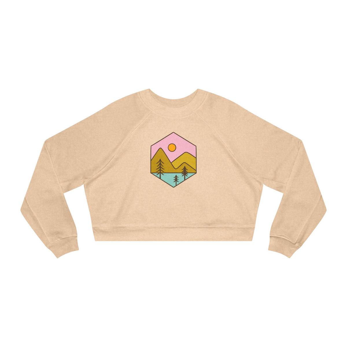 Cropped Fleece Pullover — Pastel Mountain Sunset Graphic