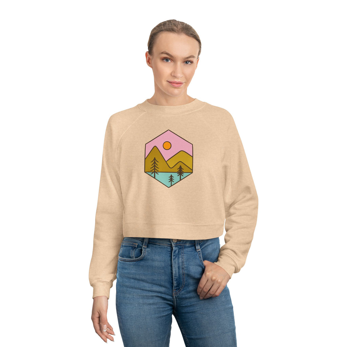 Cropped Fleece Pullover — Pastel Mountain Sunset Graphic
