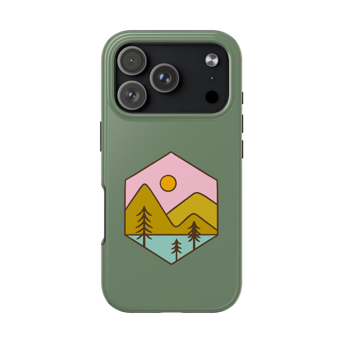 Mountain Sunset Tough Phone Case — Rugged Protective Case with Retro Nature Patch