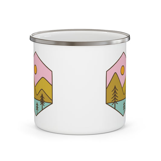 Enamel Camping Mug — Retro Pastel Mountain Lake Design
