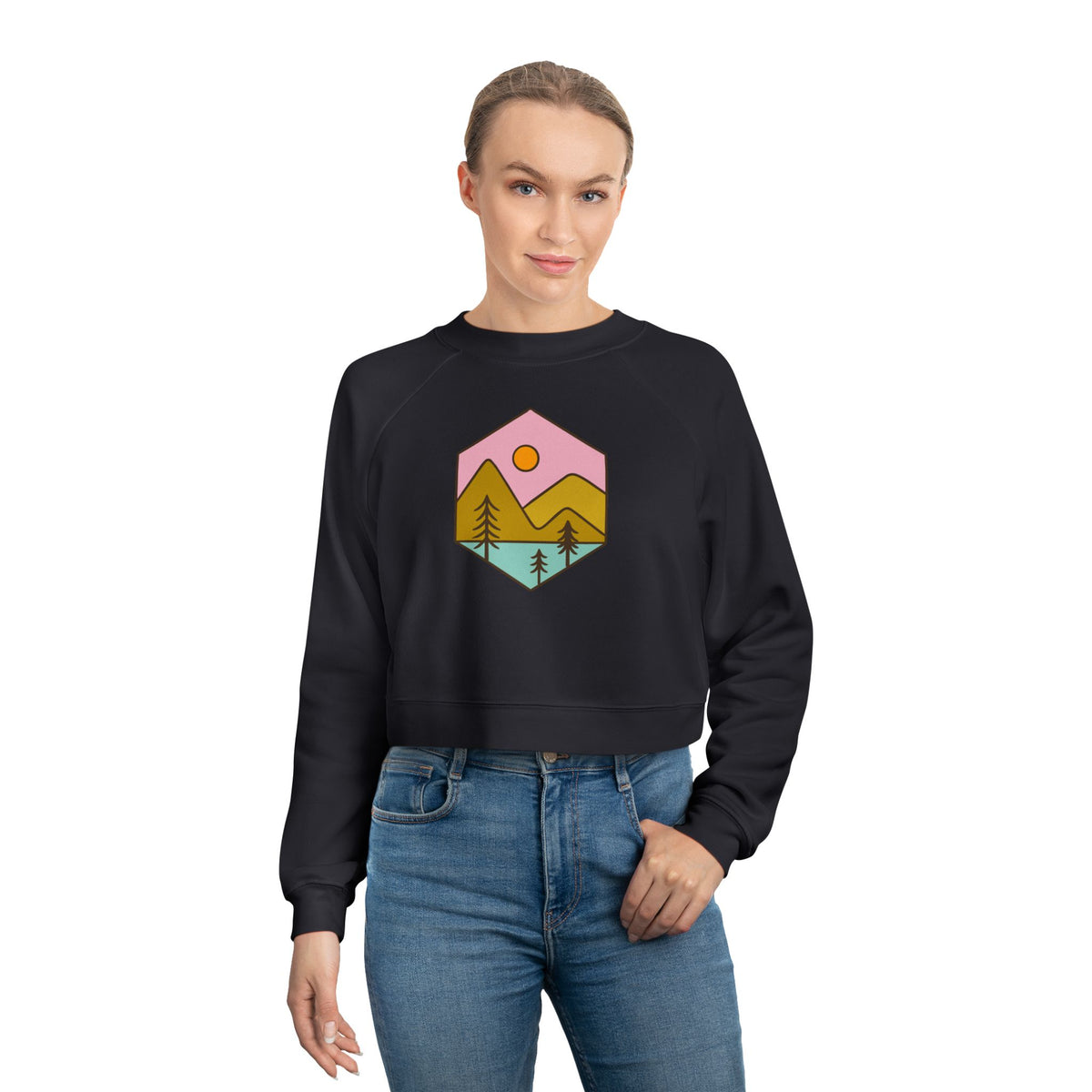 Cropped Fleece Pullover — Pastel Mountain Sunset Graphic