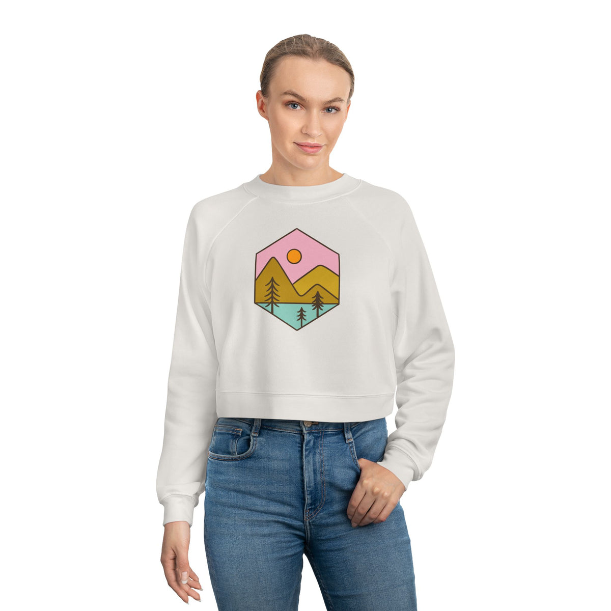 Cropped Fleece Pullover — Pastel Mountain Sunset Graphic