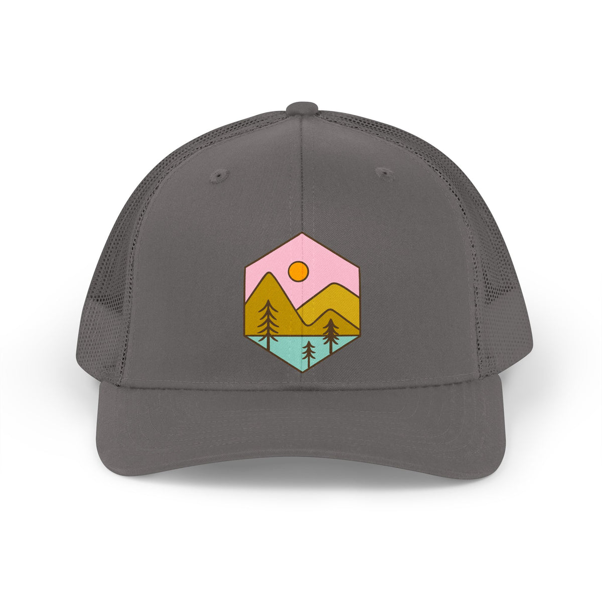 Retro Mountain Trucker Hat – Pastel Sunset Outdoor Patch