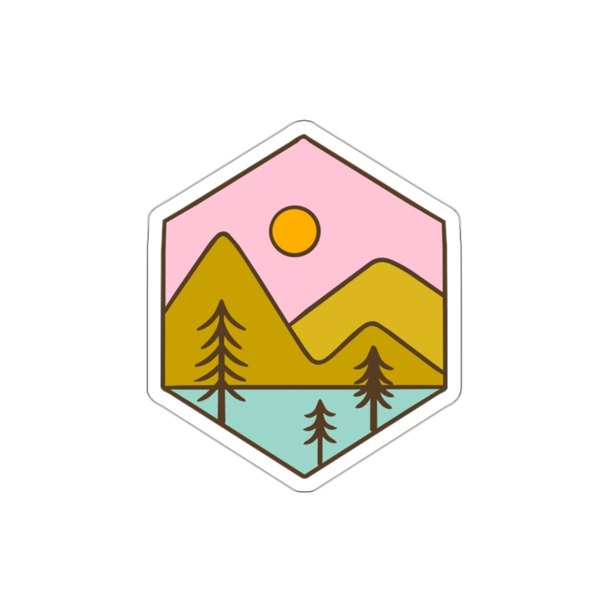 Hexagon Mountain Scene Die-Cut Sticker — Retro Pink Sunset Landscape Sticker