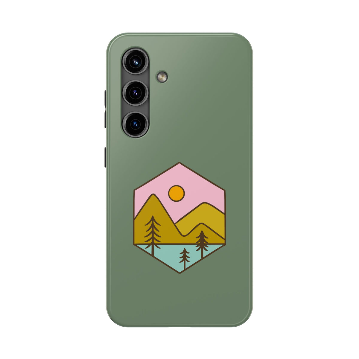 Mountain Sunset Tough Phone Case — Rugged Protective Case with Retro Nature Patch