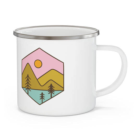 Enamel Camping Mug — Retro Pastel Mountain Lake Design