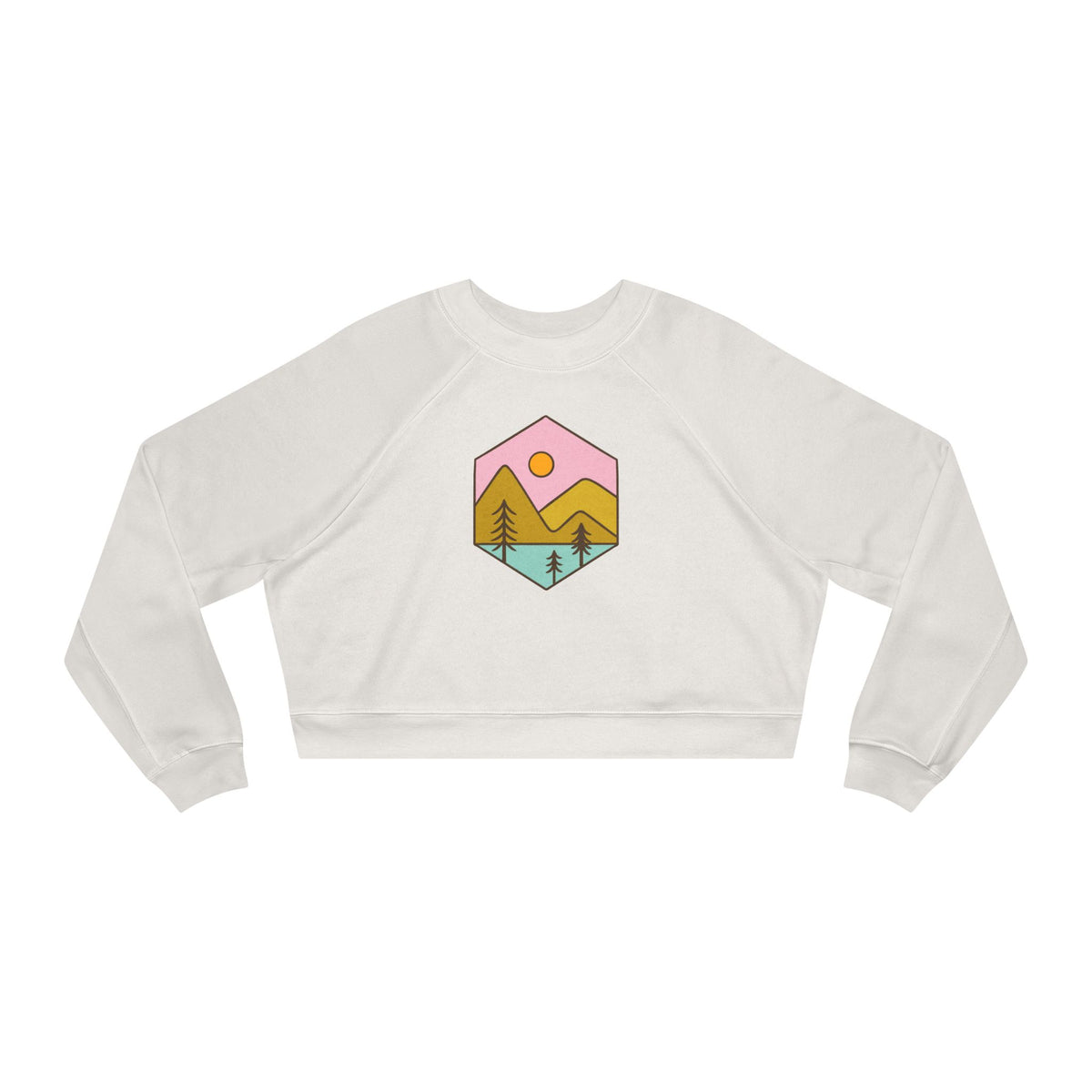 Cropped Fleece Pullover — Pastel Mountain Sunset Graphic