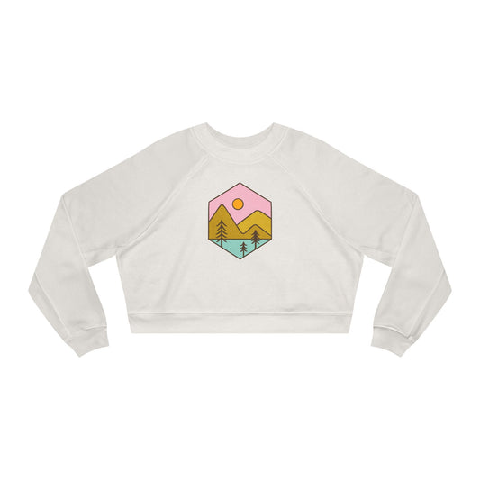 Cropped Fleece Pullover — Pastel Mountain Sunset Graphic
