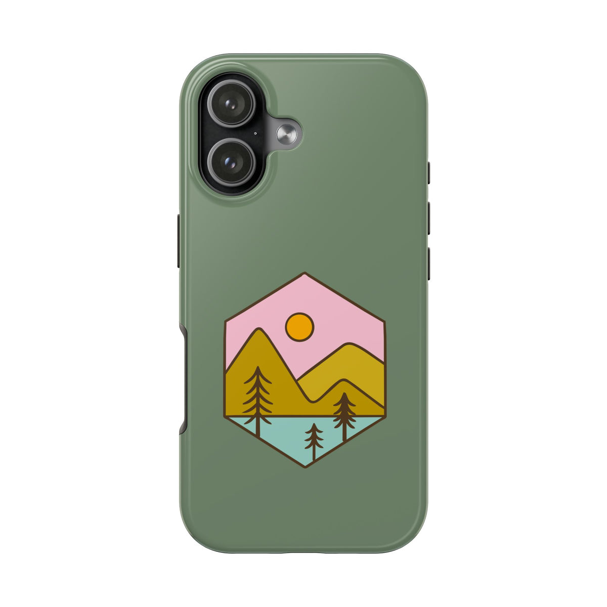 Mountain Sunset Tough Phone Case — Rugged Protective Case with Retro Nature Patch