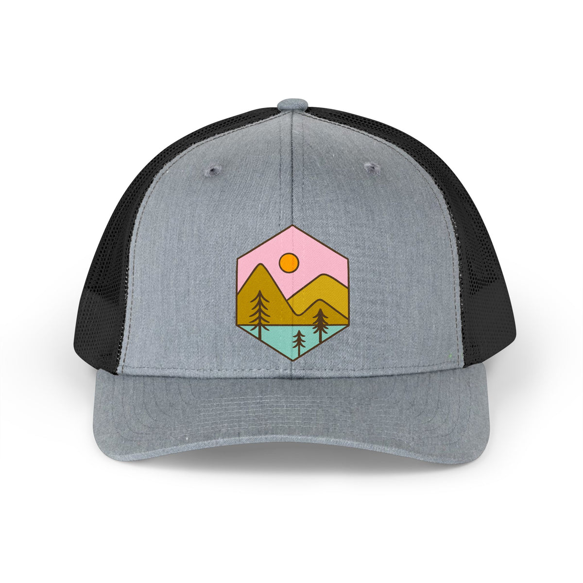 Retro Mountain Trucker Hat – Pastel Sunset Outdoor Patch