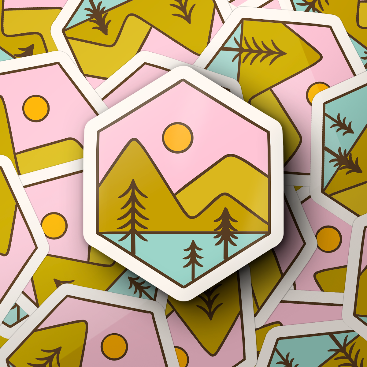 Hexagon Mountain Scene Die-Cut Sticker — Retro Pink Sunset Landscape Sticker