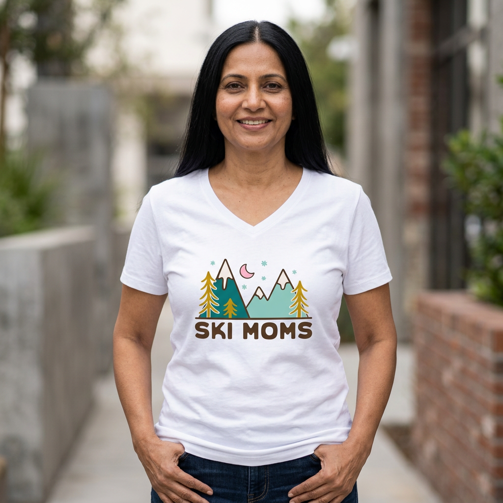 Ski Moms V‑Neck Tee — Mountain Adventure Graphic for Skiing Moms