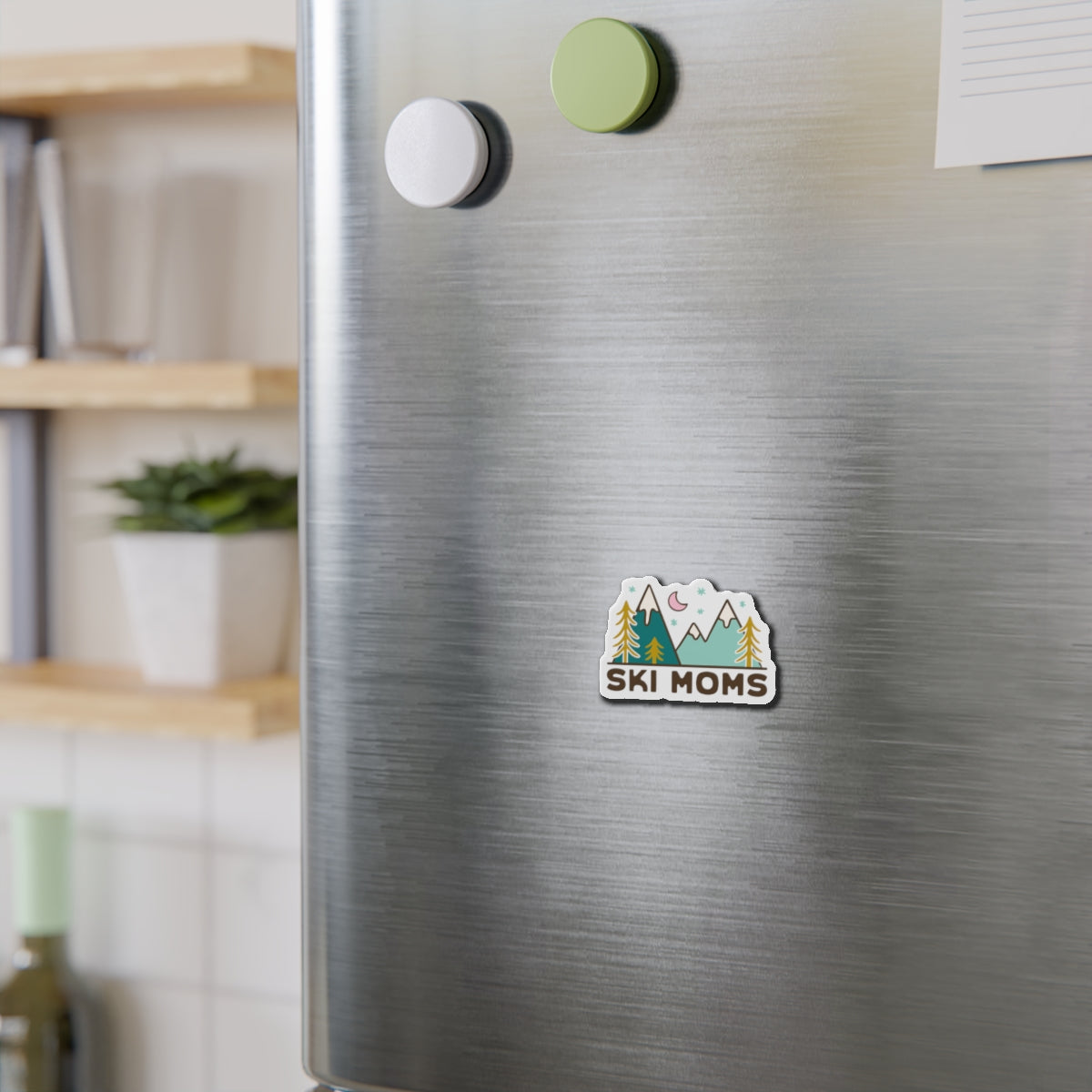 Ski Moms Die-Cut Magnet — Mountain Skiing Refrigerator Sticker for Skiing Moms