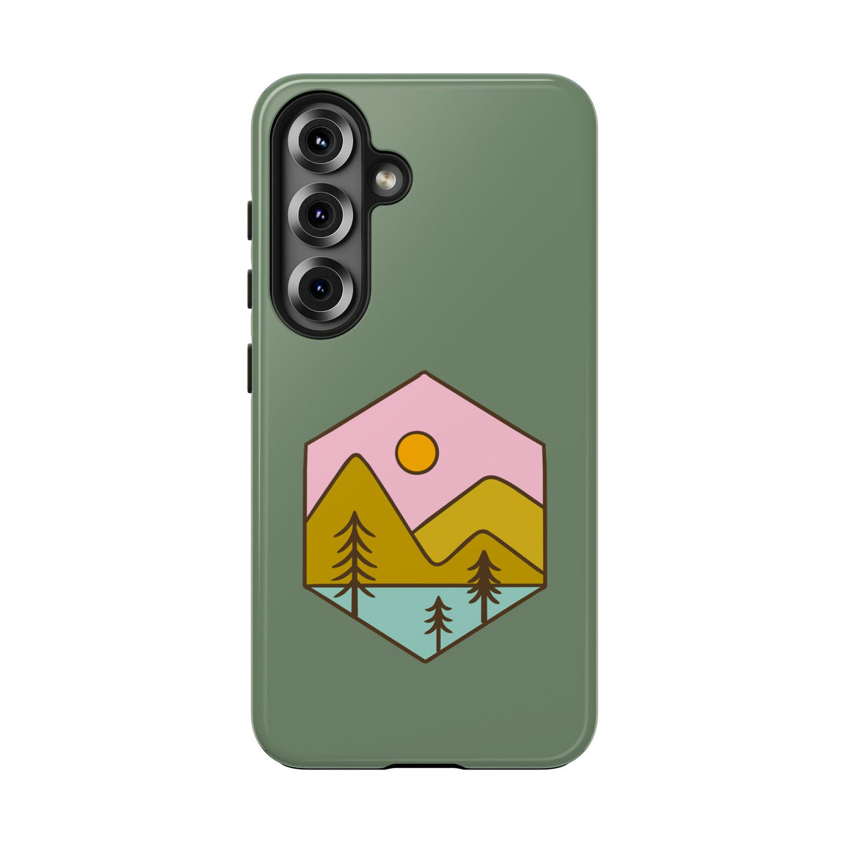 Mountain Sunset Tough Phone Case — Rugged Protective Case with Retro Nature Patch