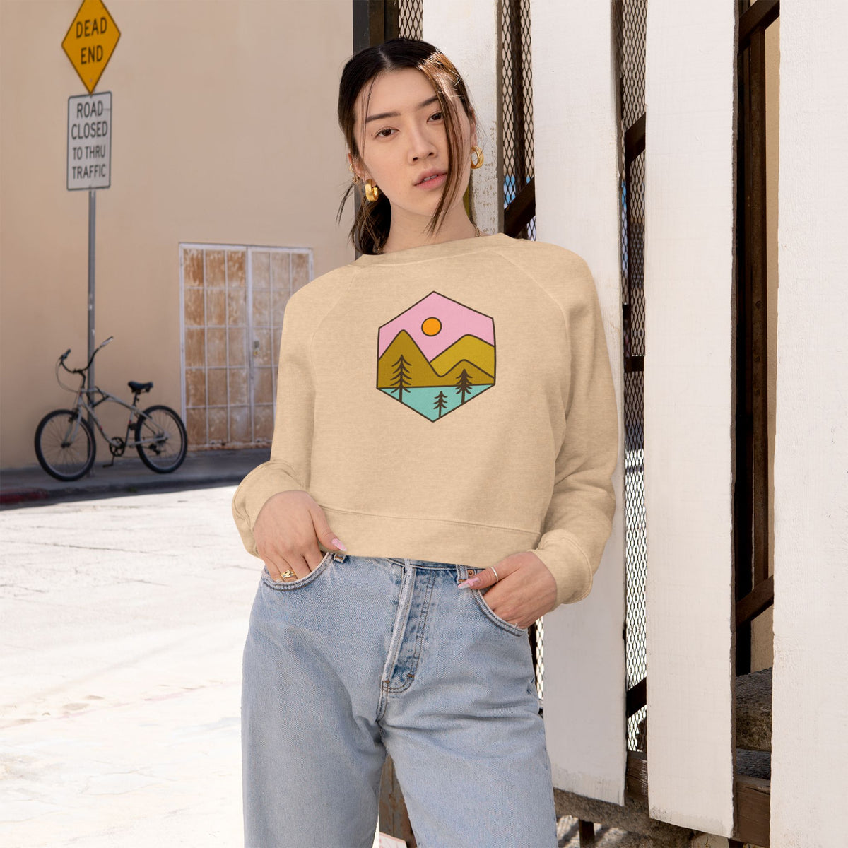 Cropped Fleece Pullover — Pastel Mountain Sunset Graphic