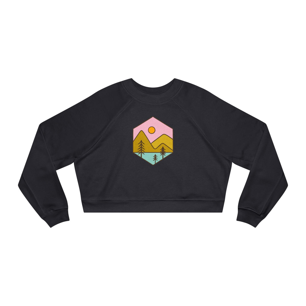 Cropped Fleece Pullover — Pastel Mountain Sunset Graphic