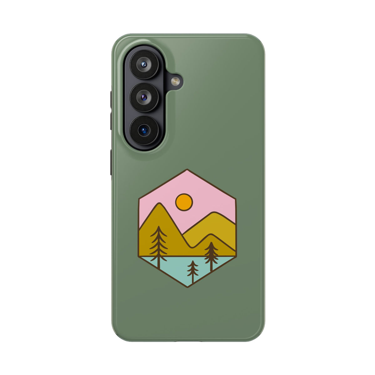 Mountain Sunset Tough Phone Case — Rugged Protective Case with Retro Nature Patch