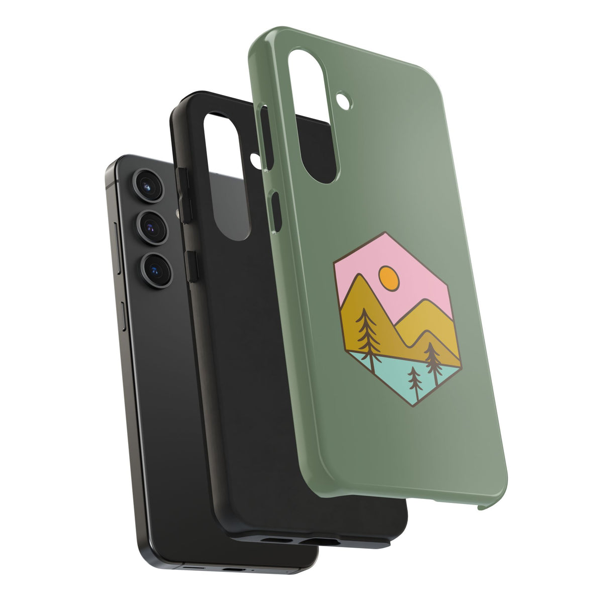 Mountain Sunset Tough Phone Case — Rugged Protective Case with Retro Nature Patch