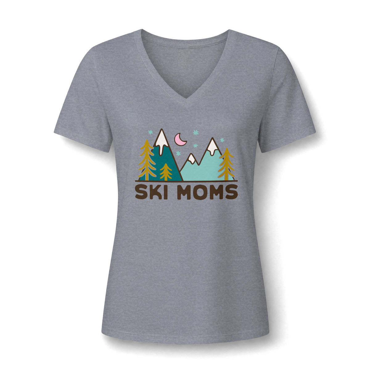 Ski Moms V‑Neck Tee — Mountain Adventure Graphic for Skiing Moms