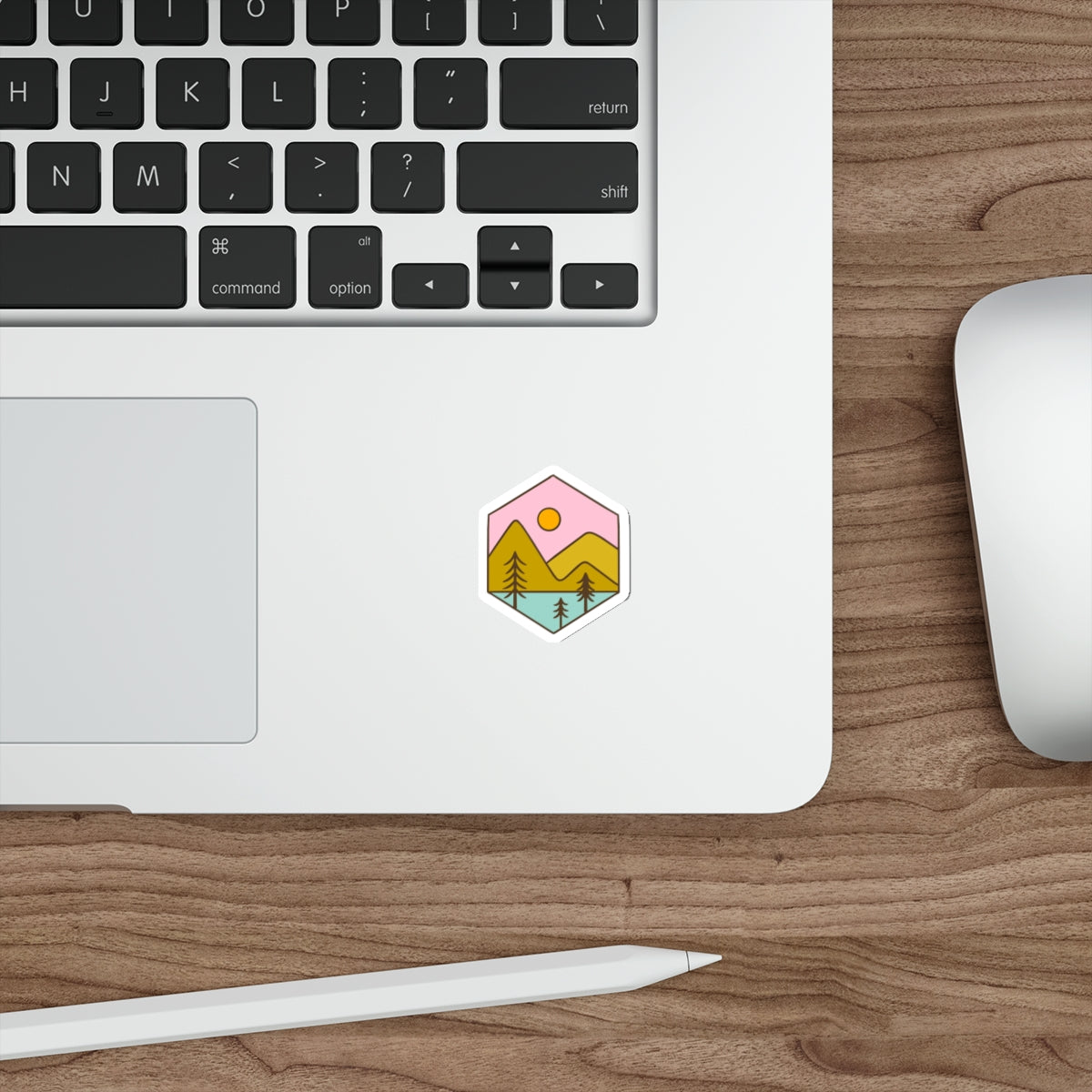 Hexagon Mountain Scene Die-Cut Sticker — Retro Pink Sunset Landscape Sticker