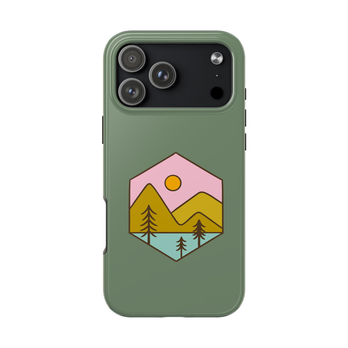 Mountain Sunset Tough Phone Case — Rugged Protective Case with Retro Nature Patch